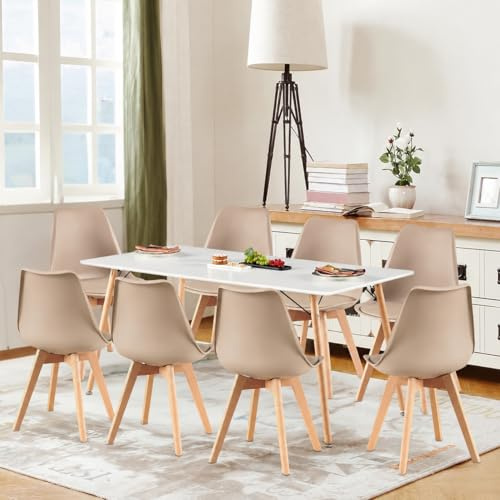 H.J WeDoo Esszimmergruppe Esstisch mit 8 Stühlen Essgrupp, Rechteckig Küchentisch und 8er Set Esszimmerstühle Sitzgruppe für Wohnzimmer Küche Büro(160x80cm Tisch+8 Khaki Stühle)