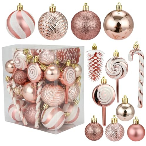 CGVG 40er Weihnachtskugeln Set Rot Christbaumkugeln Kunststoff Weihnachtsbaumschmuck Bruchsichere Weihnachtsbaumkugeln Christmas Decorations Weihnachten Dekoration Tannenbaumschmuck (Rosegold)