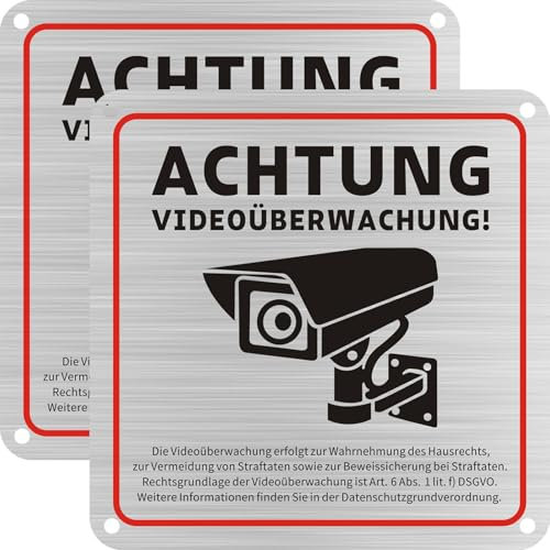 Achtung Videoüberwachung Schild, 15x15cm, selbstklebend und mit 4 Bohrlöchern, ideal für Haus- und Gewerbebereich, geeignet für Überwachungskameras oder Kameraattrappen (Sliber, 2 Stück)
