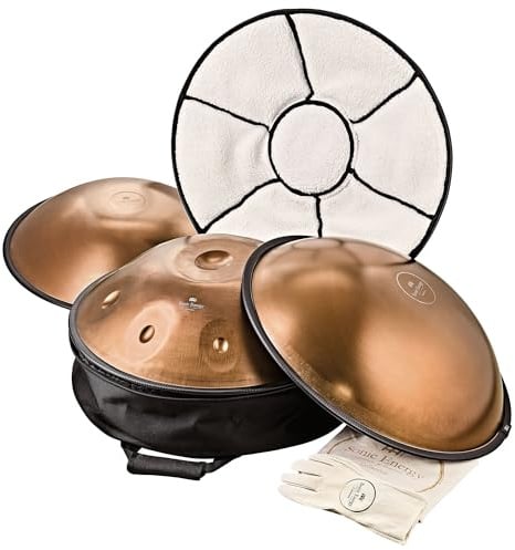 Sonic Energy Sensory Handpan, F-Pygmy, 11 Töne, Kupfer (HPSTL110CU) | 440 Hz, 22 Durchmesser, 56x56x23 cm, inkl. Tasche, Hülle, 2 Schutzdeckel, Handschuhe und 2 Sound Tubes, Edelstahl