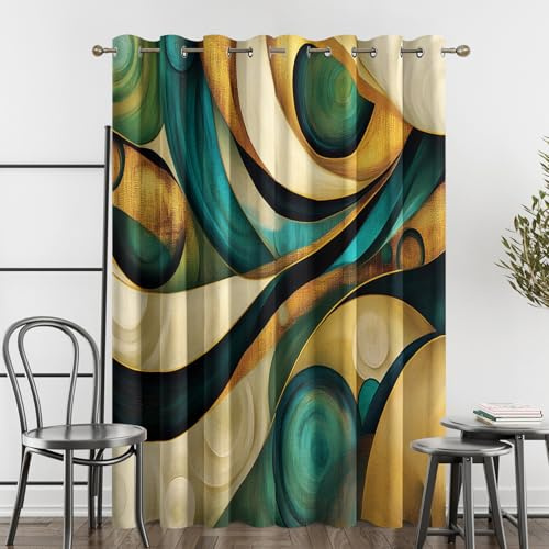zcwl Modern Abstrakt Vorhänge, Gold Und Grün Verdunklungsvorhänge mit Ösen, Vorhang Blickdicht für Wohnzimmer Schlafzimmer Dekoration, Gardinen mit Muster, 2er Set, 245 x 140 cm (HöhexBreite)