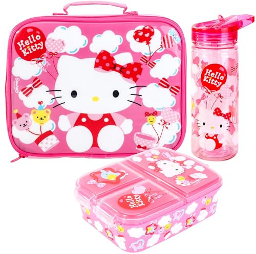 Hello Kitty - Juego de lonchera para niños, bolsa de almuerzo aislada, lonchera multicompartimento y botella de agua de 580 ml, juego de comida para viajes escolares, sin BPA