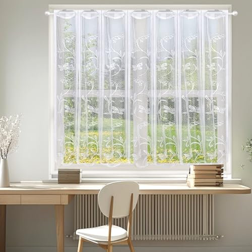 Scheibengardine Bistrogardine Halbtransparent Vorhänge Kurzstores Fensterschal mit Blumen Kurzgardine für Fenster Küche Wohnzimmer BxL 100 * 90cm