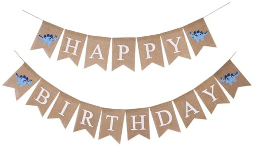 Dinosaurier-Geburtstags-Wimpelkette aus Sackleinen, brauner Stoffdruck mit weißen Buchstaben und niedlichem Dinosaurier für die Geburtstagsparty-Dekoration zu Hause oder draußen
