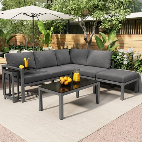 UATARU Corner Lounge for 4-5 People, Corner Sofa with Side Table and Coffee Table, Garden Set Patio Seating Conservatory