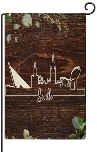 Banderas de jardín de España Sevilla de 30,5 x 45,7 cm, resistentes a la intemperie, personalizadas, obras de arte de ciudad, pintura de patio, bandera de patio, edificios, siluetas, pancarta al aire