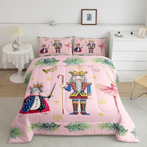 Loussiesd Pink Nutcracker Bedding Set For Kids Boys Girls Single Soft Snowflake Down Comforter Ultra Soft Winter Down Comforter Cute Cartoon Duvet Insert Set Room Decor Christmas Decor