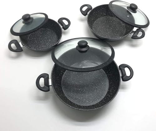 Tris Tegami Bavaria in pietra lavica antiaderenti 3 Padelle + 3 Coperchi Pietra Lavica 20-24-28cm, in Pietra Lavica, Adatto a piano a Gas e a Induzione, Padelle e Coperchi (Nero)