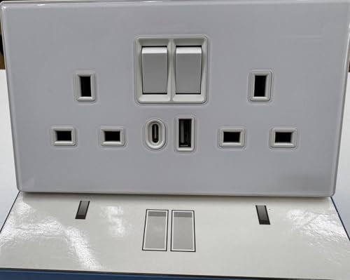 Cambridge Lifestyles ® Double Switched Socket with 20W PD USB C and A Fast Charging Ports, Electric Power Sockets 2 Gang 13 Amp, Wall Outlet White Tempered Glass Panel, 1 Pack in box
