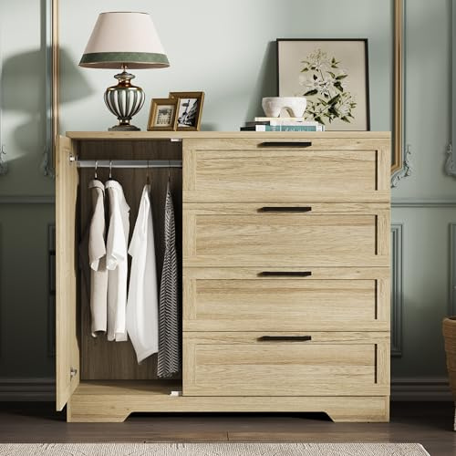 GarveeHome Wood Armoire Wardrobe Closet with 4 Drawers and Door, 43.3 in H Bedroom Wardrobe Cabinet with Hanging Rod, Clothing Storage Cabinets, 4 Drawers Dresser with Storage Closet, Natural Oak