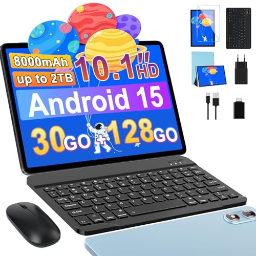 fezawio Tablette Android 15 avec 5G WiFi 10 Pouces 5G 30Go RAM + 128Go ROM(2To Extensible), Widevine L1, Octa-Core 2.0GHz/8000mAh/8+5MP/Double Haut-parleurs Tablettes avec Clavier+Souris et Cas-Bleu