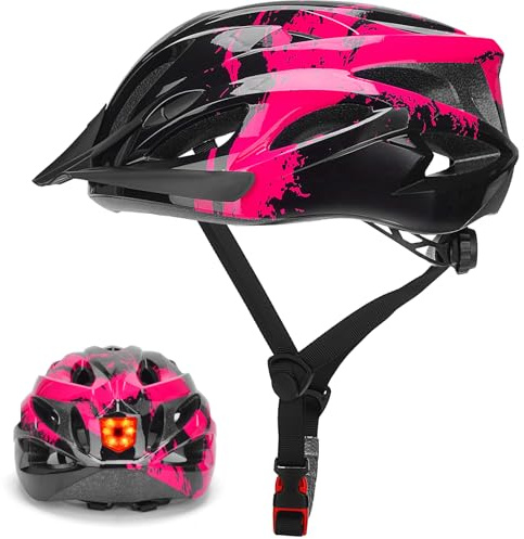 Casco de Bicicleta para Hombre y Mujer, Moplasz Casco de Ciclismo con luz para Adultos Unisex, Casco de Bicicleta Transpirable, Casco de Ciclismo de montaña Ajustable de 57-62cm (Rosa)
