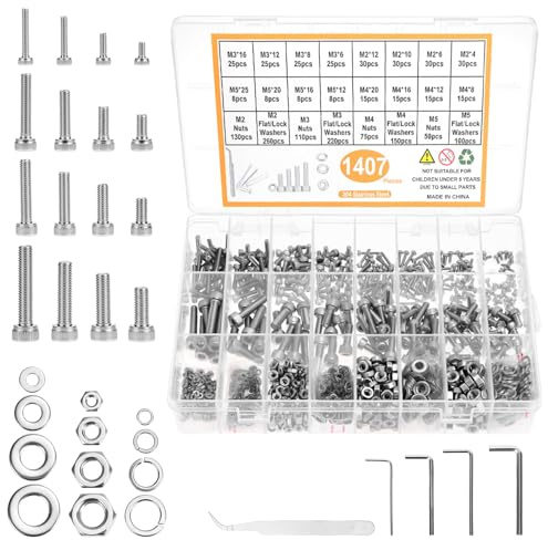 QWORK® 1407 Stück Schraubenset, 304 Edelstahl M2/M3/M4/M5 Zylinderkopfschrauben mit Sechskantschlüssel & Zubehör, für Elektronikprodukte und Autoreparatur