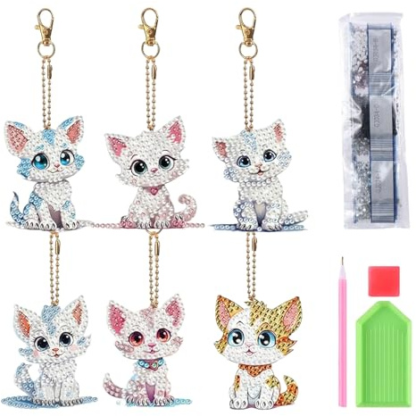 XIAOGUA 6 Pezzi Fai da te Pittura Diamante Portachiavi con Pittura a Diamante Diamond Painting Portachiavi Bifacciale Diamond Painting Bambina Gatto 7x6cm 5D per Appendere Borse Decorazioni Pendenti