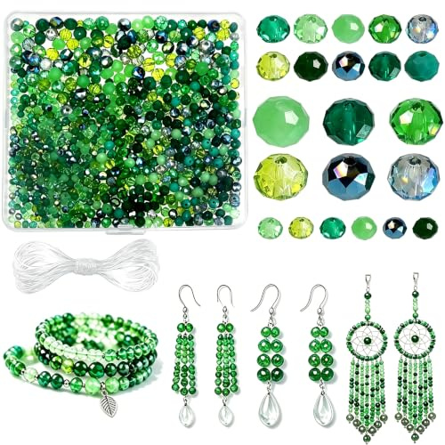 YIPFEN 1000 cuentas para pulseras kit DIY, abalorios verdes de cristal facetado 4/6/8mm, bolitas para hacer pulseras y collares, manualidades adultos y niñas, regalo bisutería creativa