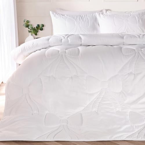 OHS Coverless Duvet Single 7.5 Tog, Gifts for Women Bow Bedding Soft Warm Microfibre Lattice Bow Quilted Coverless Duvet Summer Camping Quilt Comfy Washable White Bedding with Pillowcase