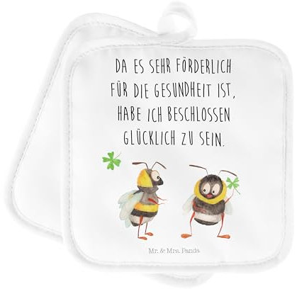 Mr. & Mrs. Panda 2er Set Topflappen Hummeln Kleeblatt - Geschenk, glücklich Sein, Topflappenset, Schöne Topflappen, lustige Sprüche, Biene,