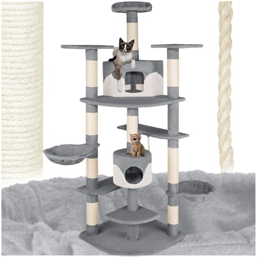 tectake® Tiragraffi per Gatti, Albero con 2 Casette, 4 Piattaforme, Tiragraffi con Amaca per Gatti, Albero per Gatti con Conche Orientabili e Cordicella per Gioco Gatti - Grigio/Bianco