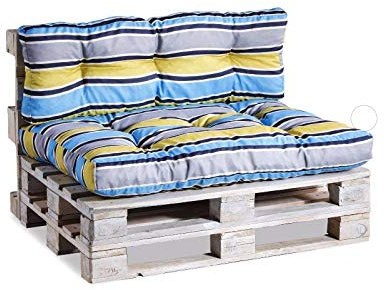Gutekissen Palettenkissen, Gartensofakissen, Gesteppte Kissen gefüllt mit granuliertem Poulirette-Schaum, viele Farben und Größen PPI (Set (Sitzkissen 120x80 +Rückenlehne 120x40), Blau-Gelb 5)