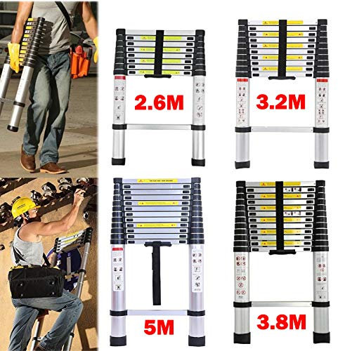 Ladder Extendable 2.6M 8.5FT Extension Telescopic Straight Stepladder Portable Foldable Multipurpose Aluminum Ladder Heavy Duty 330lbs/150kg Capacity EN131 CE Safety Standard for Home Loft Warehouse