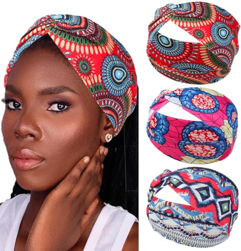 Fashband Boho-Stirnbänder, rote Blume, Kopftuch, überkreuzte Kopfbedeckung, elastische Haarbänder für Frauen und Mädchen (3 Stück)