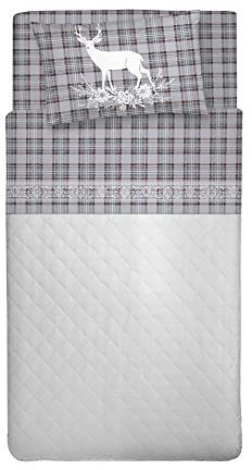 PENSIERI DELICATI Bettwäsche Set Einzelbett 100% Baumwolle, Einzelbett 90x200 Inklusive Bodenblech, Deckblatt und 1 Kissenbezug, Made in Italy, Tartan Hirsche Grau Fantasie