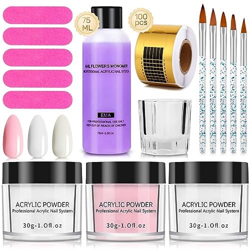Yokilly Poudre Acrylique Pour Ongles: 30G Acrylique Kit Ongle Avec Transparent Rose Blanc Resine Ongle Poudre - Professionnels Kit Acrylique Ongles Avec Pinceau Acrylique Ongle