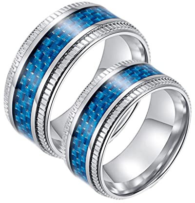 Homxi Anillos Pareja,Anillos con Nombre Personalizado Anillo Acero Inoxidable Compromiso 9.5MM Anillo Azul Plata con Fibra de Carbano Anillos Pareja Mujer 14(54mm) + Hombre 14(54mm)