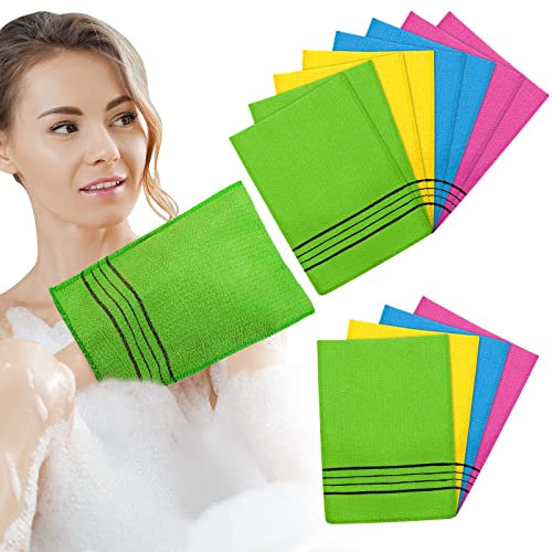 12 Stück Koreanische Peeling Handschuhe für Körperpeeling Italien Handtuch Peeling Waschlappen Korean Peeling Tuch Bad Körper Peeling Badetücher für Dusche (Gelb, Grün, Blau, Rosa, L)