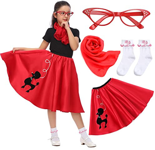 Rabtero Costume de saut de chaussettes pour enfants, robe de fille des années 1950, jupe VIP des années 50 avec écharpe, lunettes et chaussettes pour les filles de 12-14, grande taille, rouge