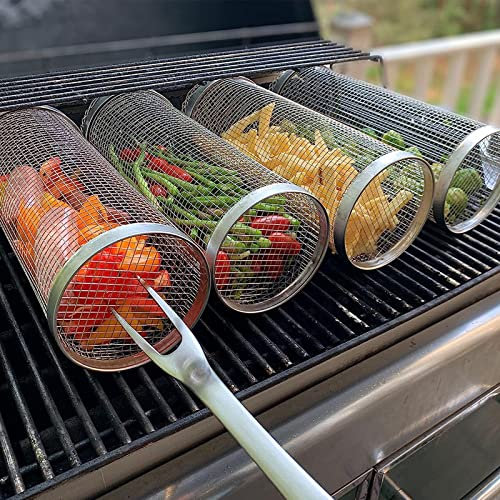 Rotisserie Grilling Basket Grill,Creative Stainless Steel Wire Mesh Cylinder BBQ Grill Roaster Drum with Fork Rotatable Heating Grilled Cage for Vegetables, French Fries, Fish (Large)
