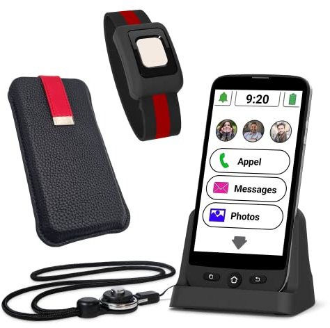 Amplicomms M510-C Smartphone 4G à Grosses Touches pour séniors Qui utilisent Le Mobile à la Maison, avec Base de Charge, Bracelet SOS, étui de Protection et lanière - Version France-Benelux.