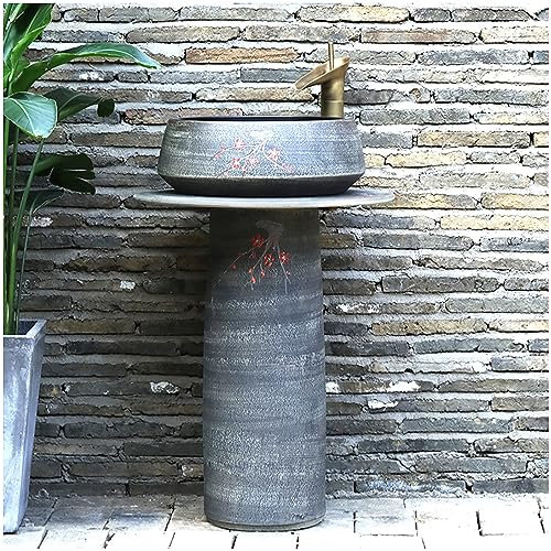 ZTGL Lavabo Colonne Rond Céramique de Haute Qualité, Rétro Vasque sur Pied Peinte à la Main Aspect Pierre, Évier sur Pied De Salle De Bain Arts Créatifs pour Cafe Clubhouse Bar,Without Mirror