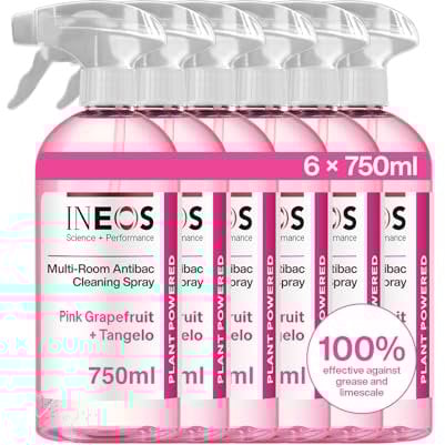 INEOS Next-Gen Cleaning Antibac Spray, 4.5L (750ml x 6), Multi-Room, Plant Powered, Limescale + Grease Remover, Kills 99.9% of Bacteria + Viruses, Pink Grapefruit + Tangelo, Packaging May Vary