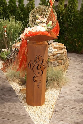 8-Eck Säule Ying Yang Drache + Schale 4-Eck Edelrost Rost Metall Gartendeko Garten Stele