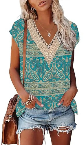 PLOKNRD Damen T-Shirts Sommer V-Ausschnitt Elegantes Abendparty Top Klassisches Kurzärmeliges Oberteile(Grün Böhmen,XL)