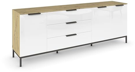 Rauch Möbel Flipp, Sideboard, TV-Schrank, Kommode mit Stauraum, mit Metallkufe graphit, Eiche Artisan/Glasfront Weiß, Holz, 3-türig, Glastüren, 3 Schubladen, Griffe graphit, 199x72x42cm