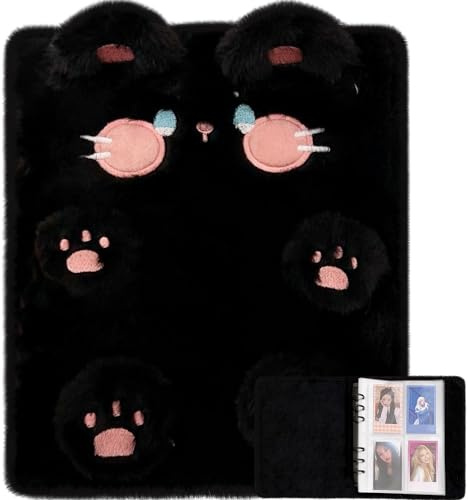 WAYUTO Plüsch-Fotokarten-Ordner, Kpop-Fotokartenalbum mit 20 Innenseiten, 5,1 x 7,6 cm, niedliches A6-Fotoalbum, 4 Taschen, abnehmbarer Kpop-Stern-Kartenhalter, Schwarz