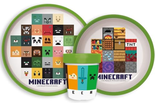 Microwave Safe 3pcs Cartoon Character Non Slip Bicolor Premium Dinner Tableware Set for Children Plate, Bowl, & Cup Set BPA Free Reusable Plastic Minecraft