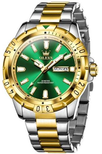 OLEVS Herrenuhren Großes Gesicht Grün Wählscheibe Klassisches Analoger Quarz Uhren Herren Zweifarbig Edelstahl Wasserdicht Uhr Herren Leuchtend Leicht Zu Lesen Kalender Business Kleid Uhren