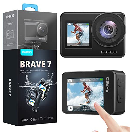 AKASO Brave 7 Action Camera Floating Hand Grip Bundle - Includes Brave 7 Underwater Camera, Floating Hand Grip, 2 Batteries, Carrying Case, and Accessory Kits, Native 4K EIS 2.0 Dual Screen