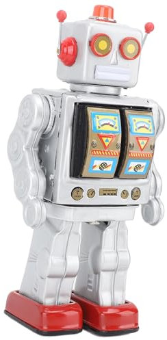 NIZUUONE Metal Tin Robot Toy Retro Electric Rotating Figures for Adult Collection Kids (Silver)