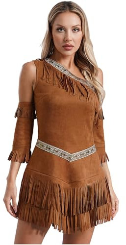 Yhong Indianer Kostüm Damen Feder Faux Wildleder Indianerkleid Mit Stulpen für Halloween Cosplay Erwachsene Karneval Bühnenauftritte Kleidung Braun XL
