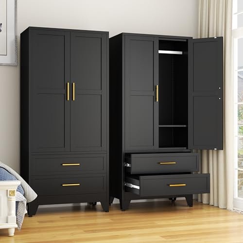 GAIOUS Steel Armoire Wardrobe Closet, 71 Metal Clothing Storage Cabinets with 2 Doors, 1 Adjustable Shelf and 2 Drawers, Metal Wardrobe Cabinet with Hanging Rod for Bedroom, Gym, Cloak Room (Black)