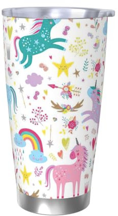 Kycvds Tasse à eau en verre plat en acier inoxydable avec paille et rabat - Rose - Licornes - 59 ml