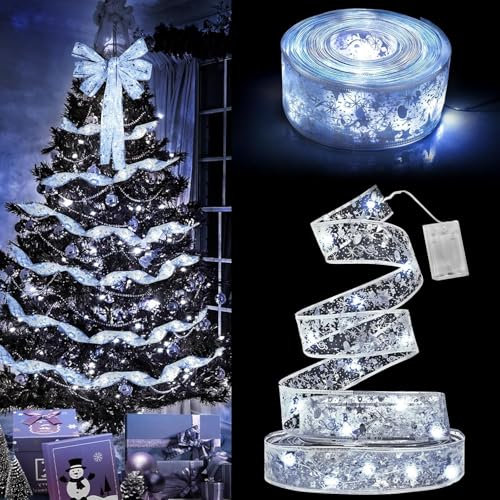 Christmas Ribbon String Lights, Long 10m/33ft, 100 LED Lights. Silver ribbon with White Lights. Battery Powered Fairy Lights for Xmas Tree, Bow Decoration, Walls, Garden. Flexible, Durable, Waterproof