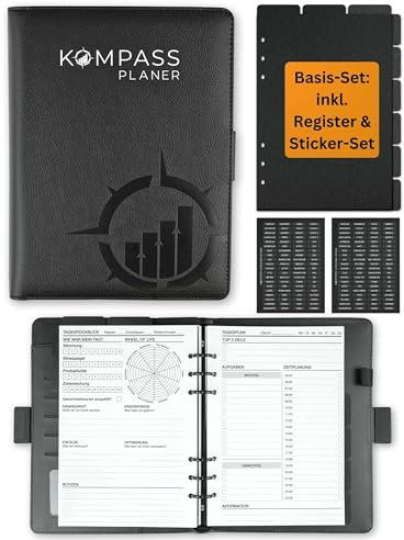 KOMPASS® Ringbuch A5 Nachfüllbar | Erfolgsjournal Ringordner inkl. Register-Set & Sticker | A5 Binder 6 loch Ringhefter für Kalender-Einlagen | Bullet Journal To-Do-Planer, Wochenplaner, Journaling