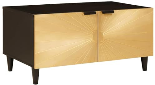 sephironlbb Table basse 80 x 50 x 40 cm en bois massif de mangue, rectangulaire avec espace de rangement, élégance moderne pour votre maison, accents noirs et dorés, pieds stables