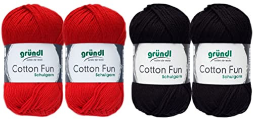 SB Pack Gründl Cotton Fun Häkelset für Topflappen Inhalt 4x50g Material 100% Baumwolle incl. Gratis Häkelanleitung und Häkelnadel (Rot Schwarz)