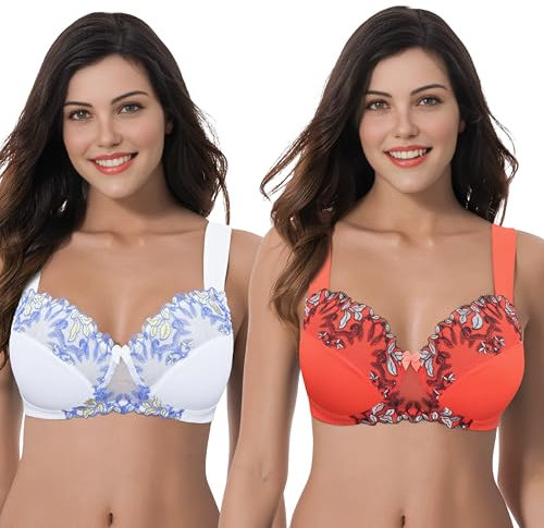 Curve Muse Women's Plus Size Minimizer Wireless Unlined Bra with Embroidery Lace-2Pack-Buttermilk,Cherry Tomato-44DDDD/EU:100G